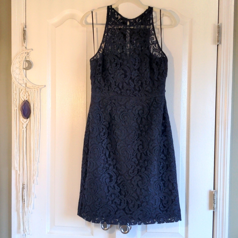 J. Crew 10 Tinsley Leavers Lace navy blue yoke bridesmaid wedding guest dress
